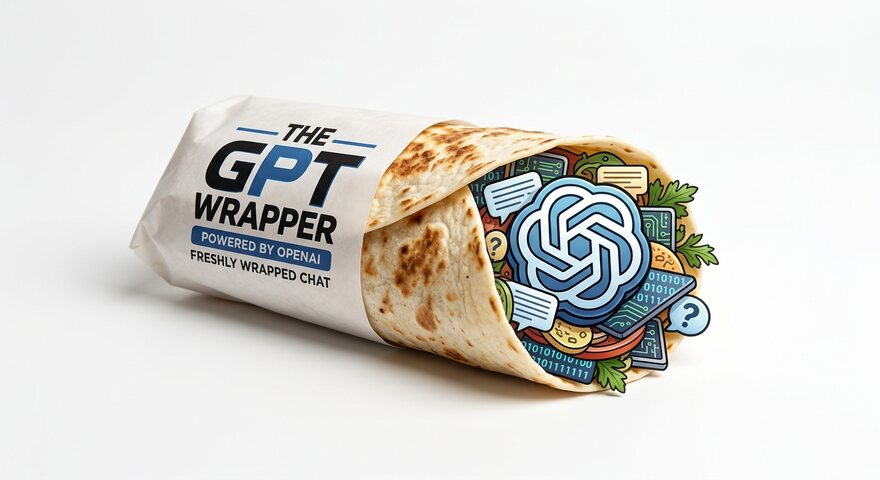 A shawarma wrap in branded paper reading THE GPT WRAPPER — powered by OpenAI, freshly wrapped chat